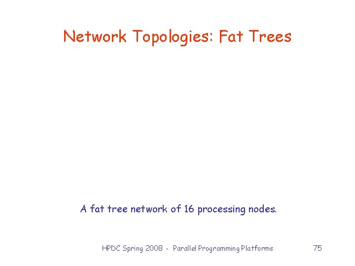 Network Topologies: Fat Trees A fat tree network of 16 processing nodes. HPDC Spring