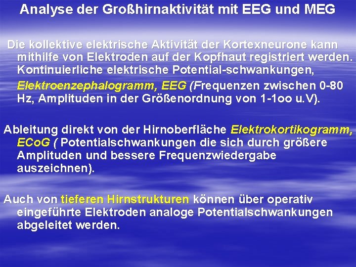 Analyse der Großhirnaktivität mit EEG und MEG Die kollektive elektrische Aktivität der Kortexneurone kann