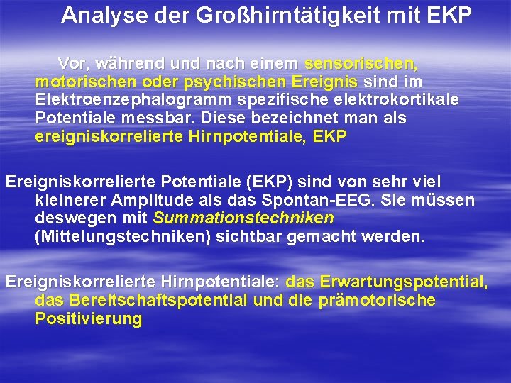 Analyse der Großhirntätigkeit mit EKP Vor, während und nach einem sensorischen, motorischen oder psychischen