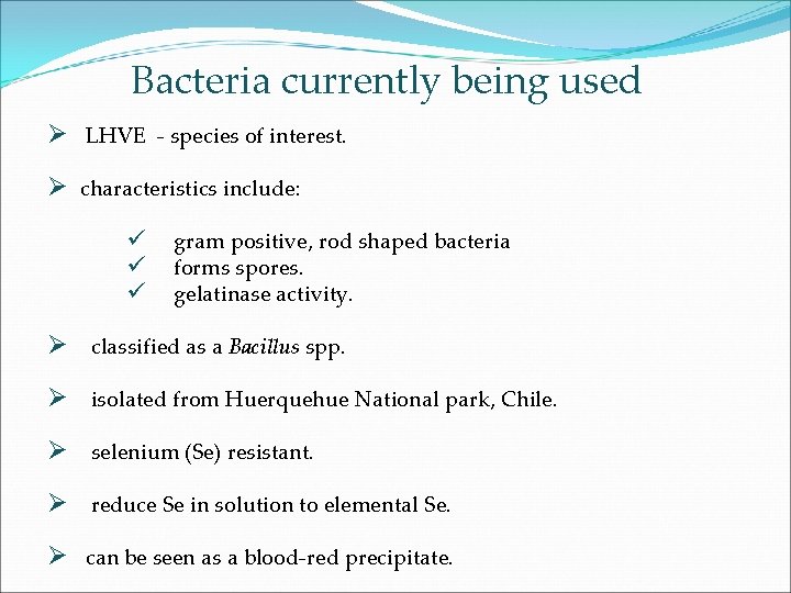 Bacteria currently being used Ø LHVE - species of interest. Ø characteristics include: ü