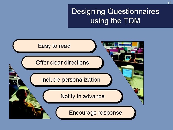 13 Designing Questionnaires using the TDM Easy to read Offer clear directions Include personalization