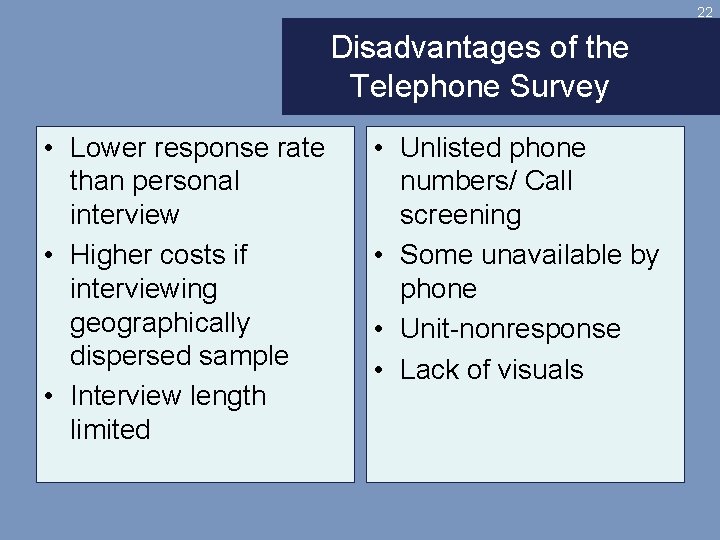 22 Disadvantages of the Telephone Survey • Lower response rate than personal interview •