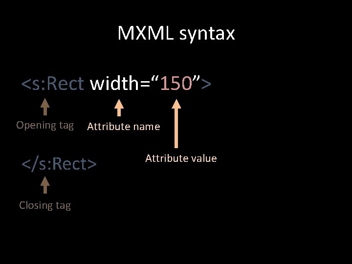 MXML syntax <s: Rect width=“ 150”> Opening tag Attribute name </s: Rect> Closing tag