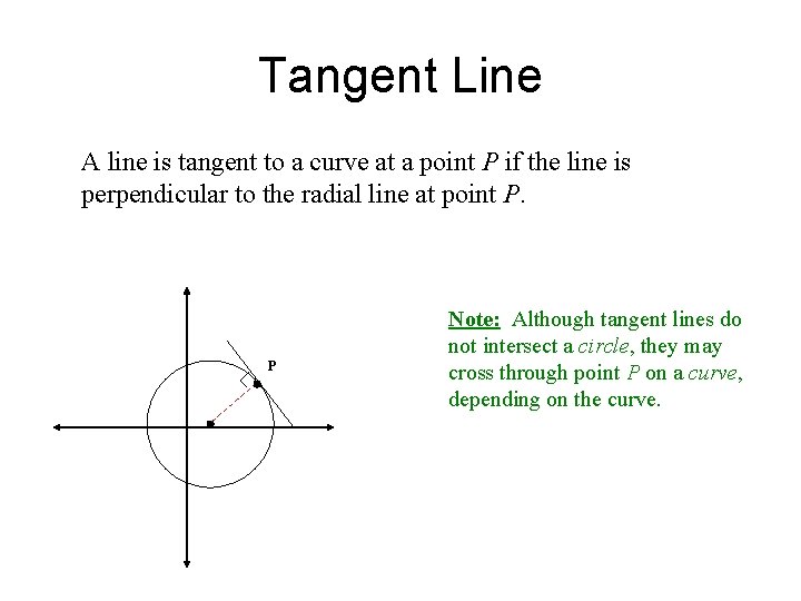 Tangent Line A line is tangent to a curve at a point P if