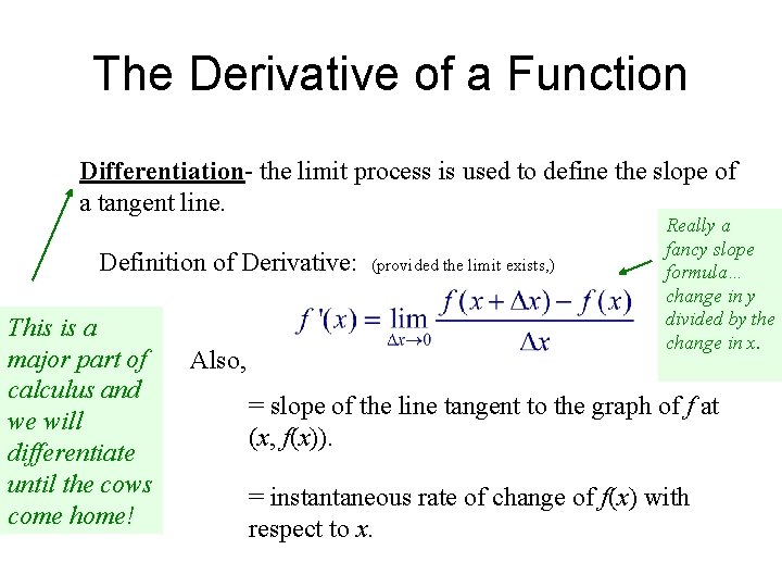 The Derivative of a Function Differentiation- the limit process is used to define the