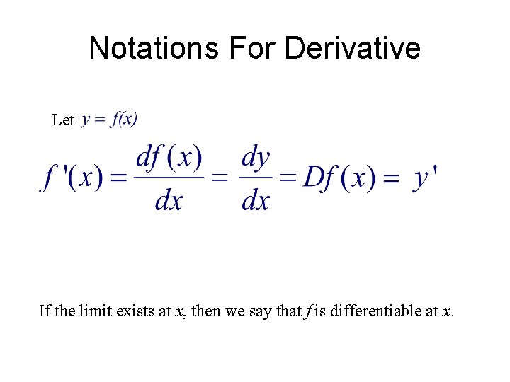 Notations For Derivative Let If the limit exists at x, then we say that