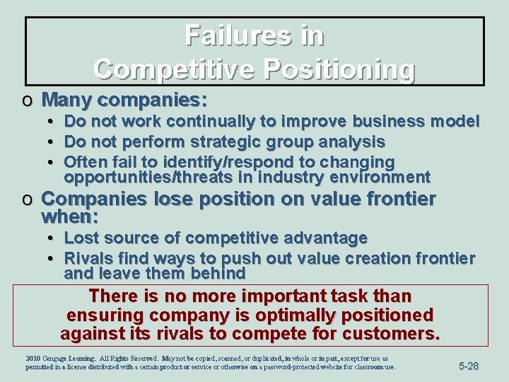 Failures in Competitive Positioning o Many companies: • • • Do not work continually