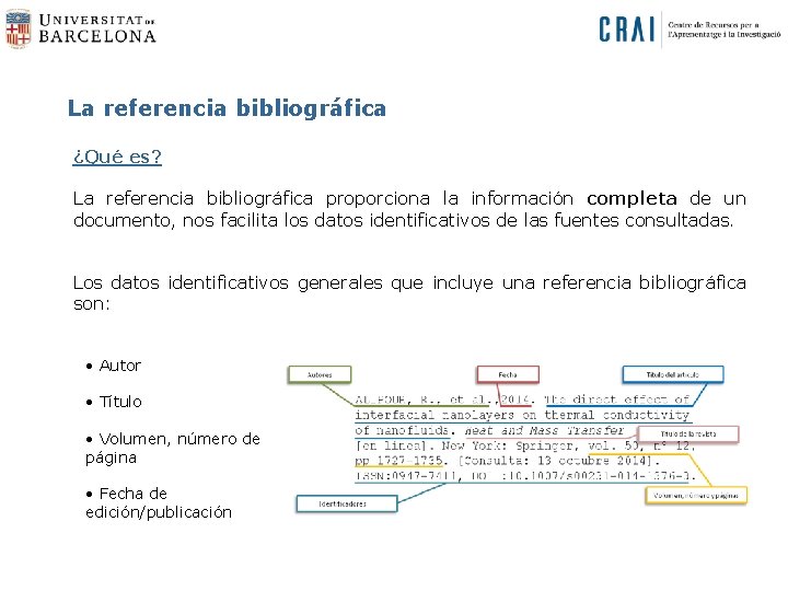 La referencia bibliográfica ¿Qué es? La referencia bibliográfica proporciona la información completa de un