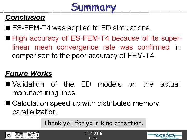 Summary Conclusion n ES-FEM-T 4 was applied to ED simulations. n High accuracy of