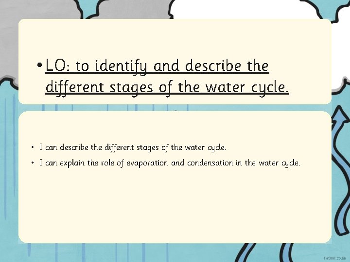  • LO: to identify and describe the different stages of the water cycle.