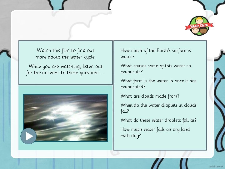 Watch this film to find out more about the water cycle. How much of