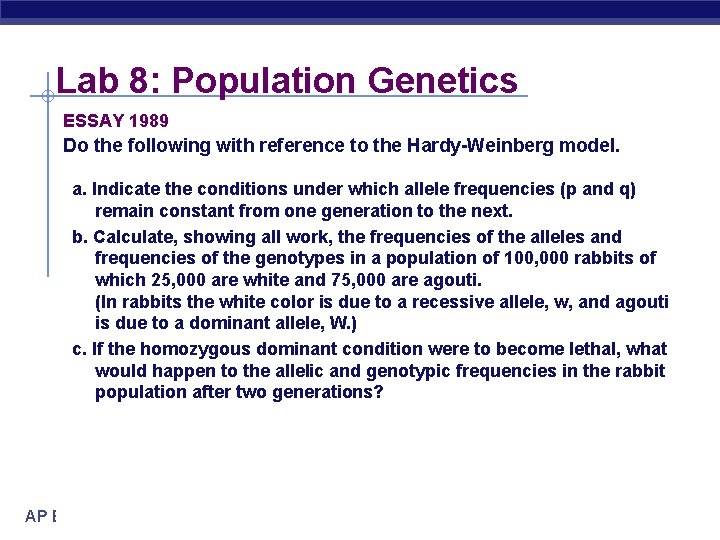 Lab 8: Population Genetics ESSAY 1989 Do the following with reference to the Hardy-Weinberg