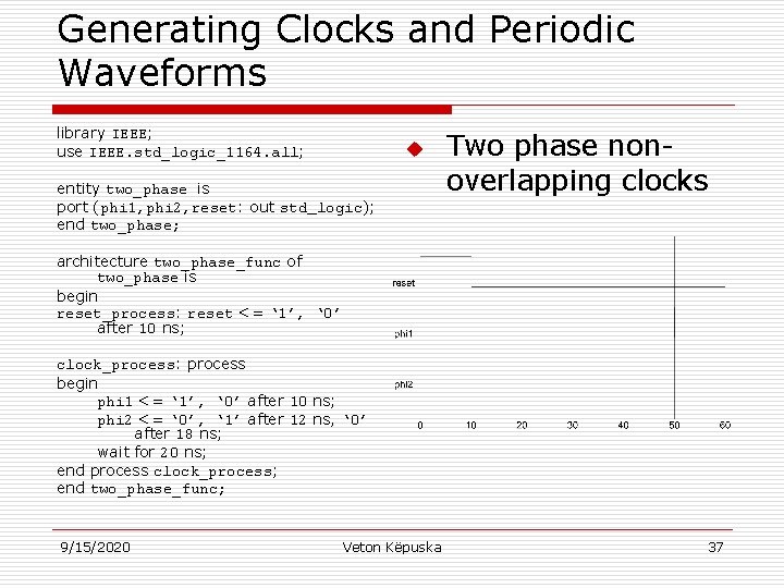 Generating Clocks and Periodic Waveforms library IEEE; use IEEE. std_logic_1164. all; u entity two_phase