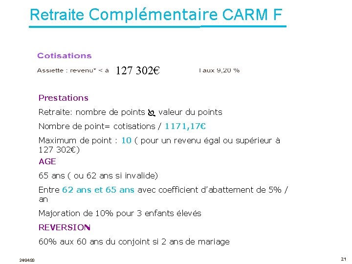 Retraite Complémentaire CARM F 127 302€ Prestations Retraite: nombre de points valeur du points