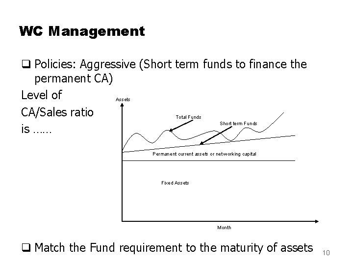 WC Management q Policies: Aggressive (Short term funds to finance the permanent CA) Level