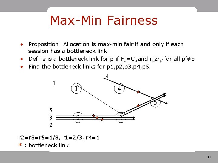 Max-Min Fairness • Proposition: Allocation is max-min fair if and only if each session Max-Min Fairness • Proposition: Allocation is max-min fair if and only if each session