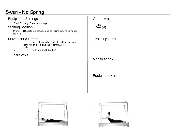 Swan - No Spring Equipment Settings Push Through Bar - no springs Starting position