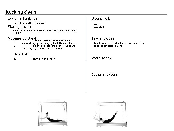 Rocking Swan Equipment Settings Push Through Bar - no springs Starting position Groundwork Flight