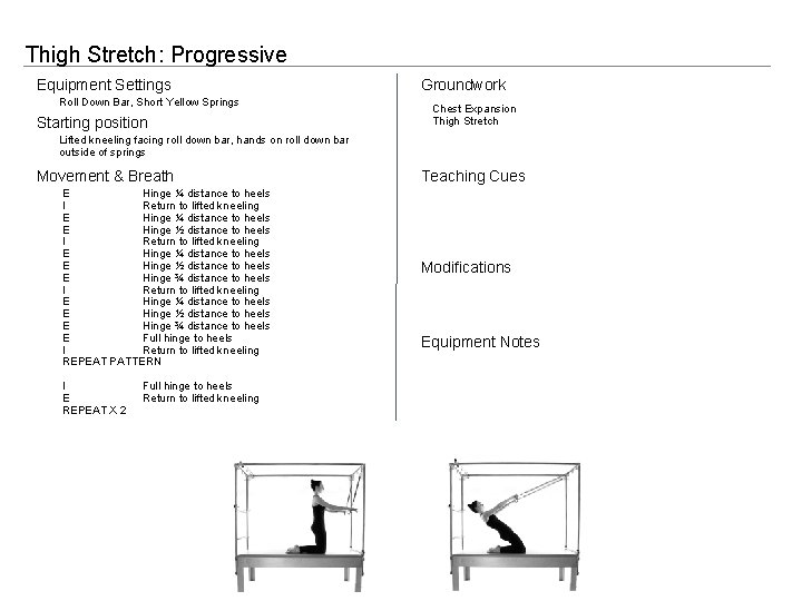 Thigh Stretch: Progressive Equipment Settings Roll Down Bar, Short Yellow Springs Starting position Groundwork