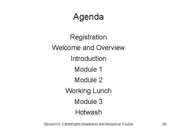Agenda Registration Welcome and Overview Introduction Module 1 Module 2 Working Lunch Module 3