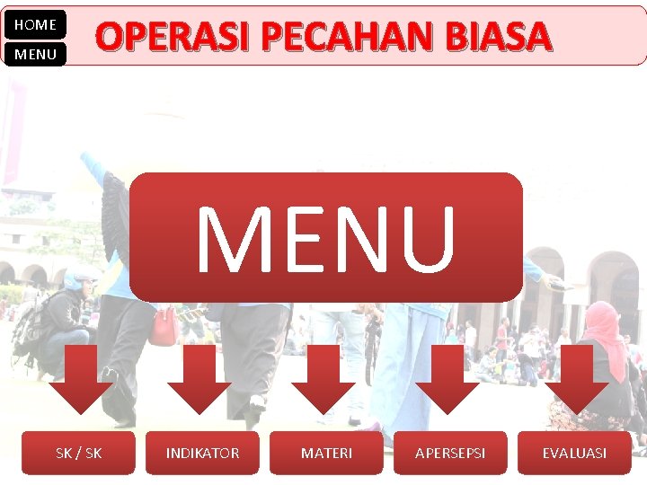 HOME MENU OPERASI PECAHAN BIASA MENU SK / SK INDIKATOR MATERI APERSEPSI EVALUASI 