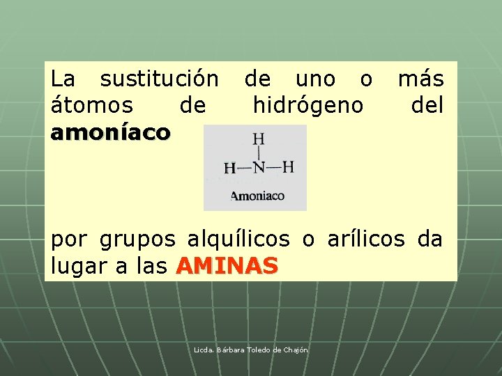 La sustitución de uno o más átomos de hidrógeno del amoníaco por grupos alquílicos