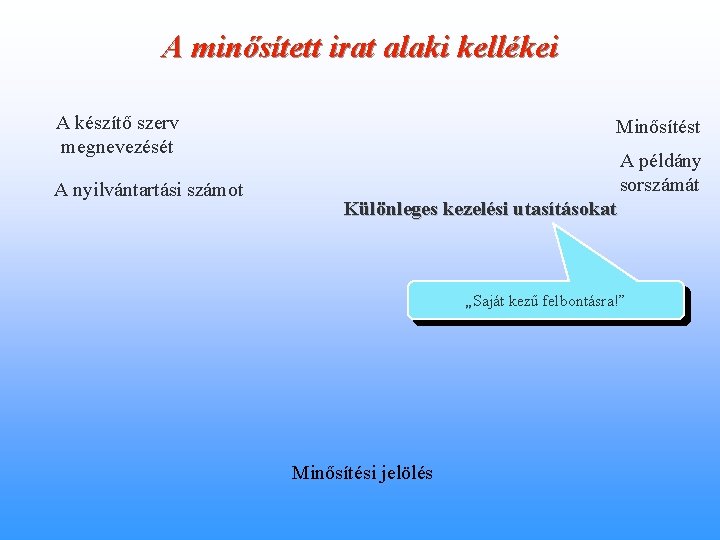 A minősített irat alaki kellékei A készítő szerv megnevezését A nyilvántartási számot Minősítést A