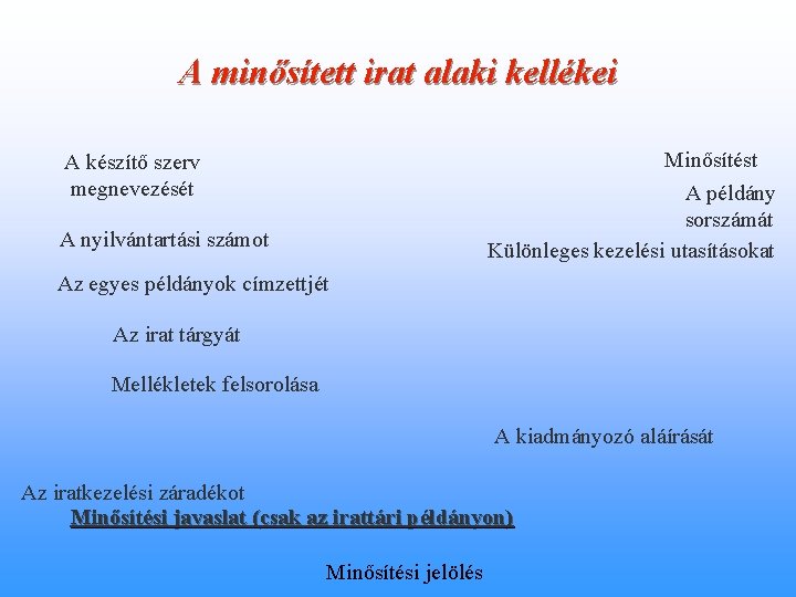 A minősített irat alaki kellékei Minősítést A példány sorszámát Különleges kezelési utasításokat A készítő