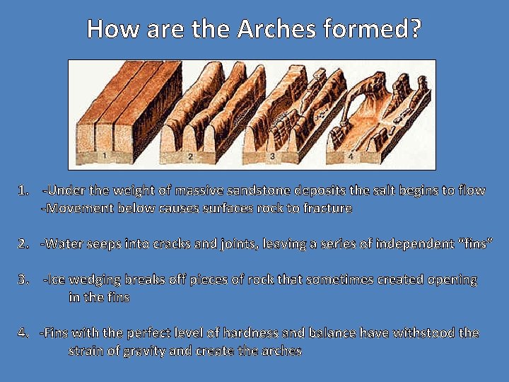 How are the Arches formed? 1. -Under the weight of massive sandstone deposits the