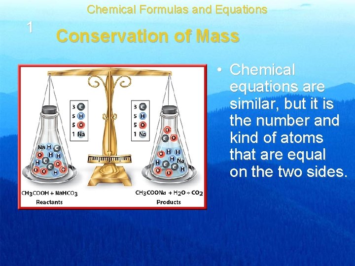 Chemical Formulas and Equations 1 Conservation of Mass • Chemical equations are similar, but