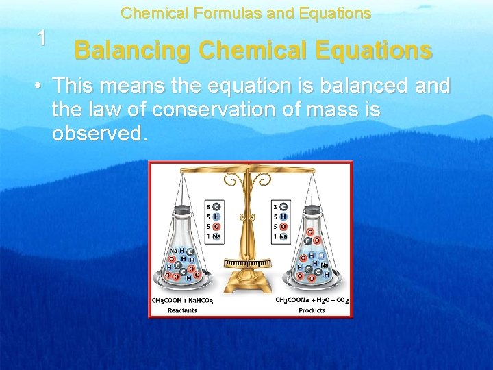 Chemical Formulas and Equations 1 Balancing Chemical Equations • This means the equation is