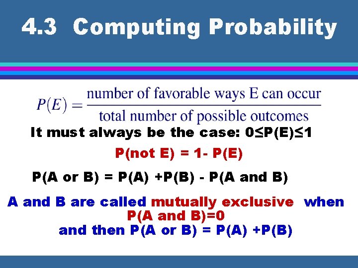 4. 3 Computing Probability It must always be the case: 0≤P(E)≤ 1 P(not E)