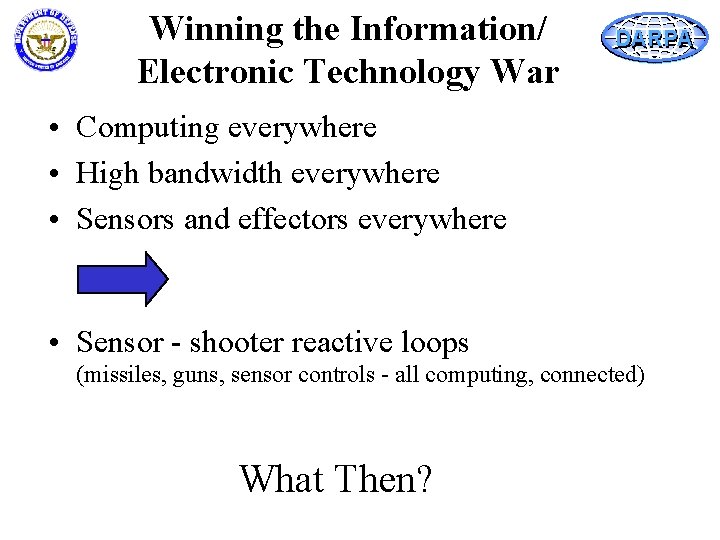 Winning the Information/ Electronic Technology War DARPA • Computing everywhere • High bandwidth everywhere