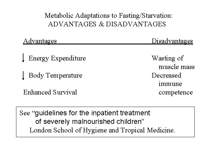 Metabolic Adaptations to Fasting/Starvation: ADVANTAGES & DISADVANTAGES Advantages Energy Expenditure Body Temperature Enhanced Survival