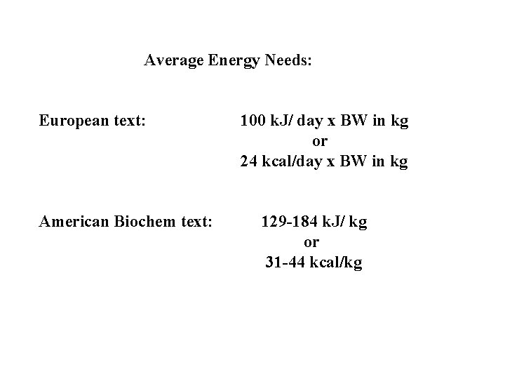Average Energy Needs: European text: American Biochem text: 100 k. J/ day x BW