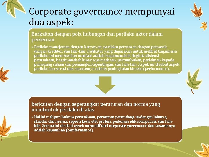 Corporate governance mempunyai dua aspek: Berkaitan dengan pola hubungan dan perilaku aktor dalam perseroan