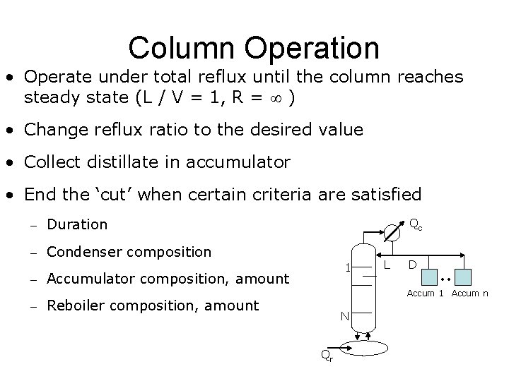 Column Operation • Operate under total reflux until the column reaches steady state (L