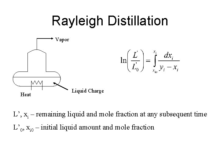 Rayleigh Distillation Vapor Heat Liquid Charge L’, xi – remaining liquid and mole fraction