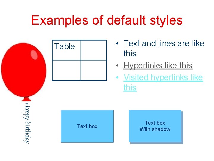 Examples of default styles • Text and lines are like this • Hyperlinks like