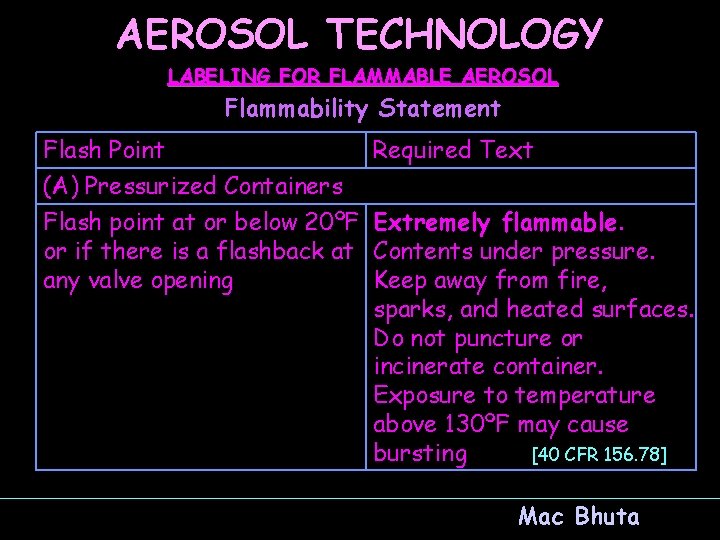 AEROSOL TECHNOLOGY LABELING FOR FLAMMABLE AEROSOL Flammability Statement Flash Point (A) Pressurized Containers Flash