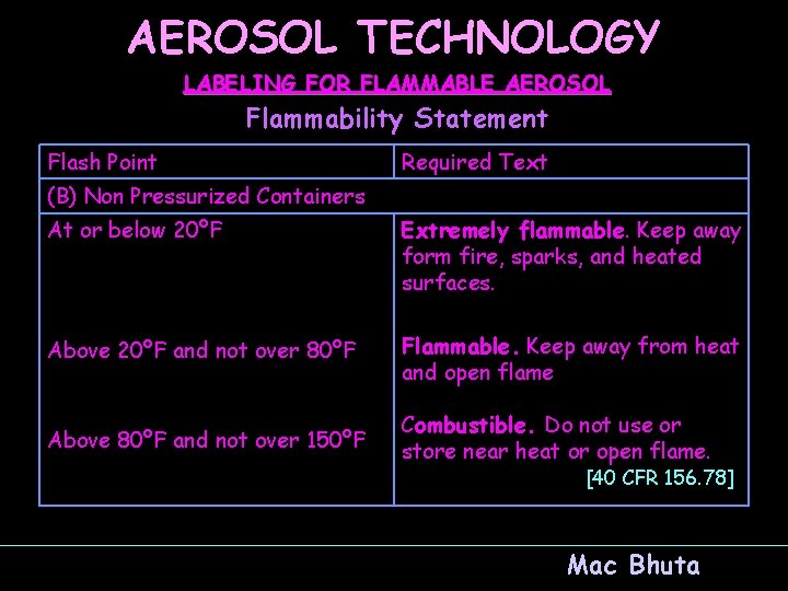AEROSOL TECHNOLOGY LABELING FOR FLAMMABLE AEROSOL Flammability Statement Flash Point Required Text (B) Non