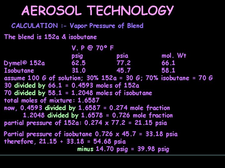 AEROSOL TECHNOLOGY CALCULATION : - Vapor Pressure of Blend The blend is 152 a