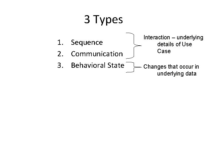 3 Types 1. Sequence 2. Communication 3. Behavioral State Interaction – underlying details of