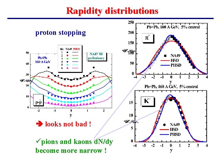 Rapidity distributions proton stopping looks not bad ! üpions and kaons d. N/dy become