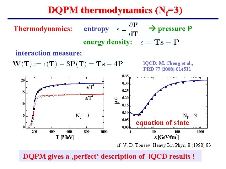 DQPM thermodynamics (Nf=3) Thermodynamics: pressure P entropy energy density: interaction measure: l. QCD: M.