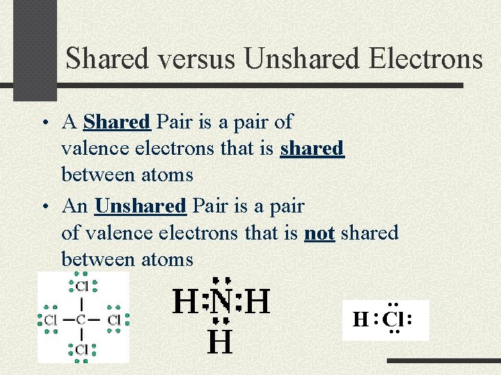 Shared versus Unshared Electrons • A Shared Pair is a pair of valence electrons