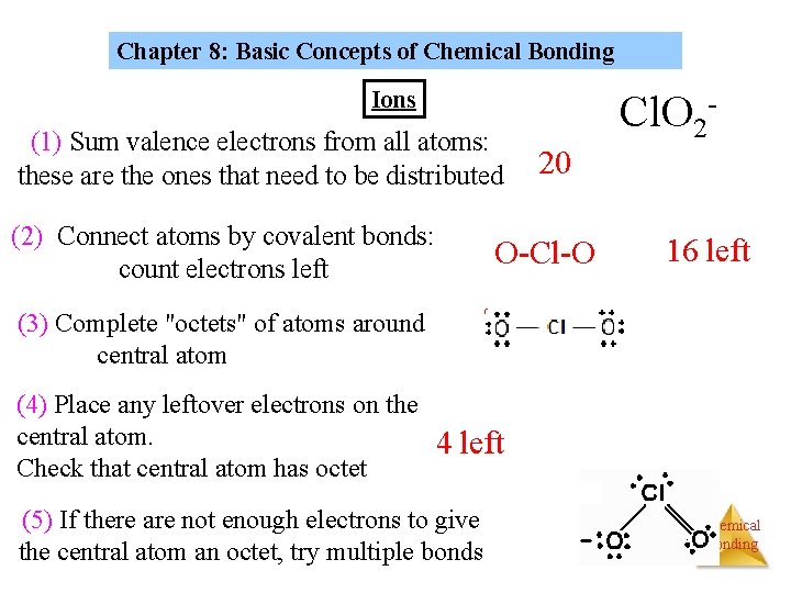 Chapter 8: Basic Concepts of Chemical Bonding Ions (1) Sum valence electrons from all