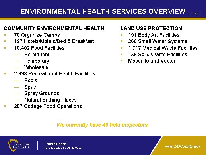 ENVIRONMENTAL HEALTH SERVICES OVERVIEW COMMUNITY ENVIRONMENTAL HEALTH § 70 Organize Camps § 197 Hotels/Motels/Bed