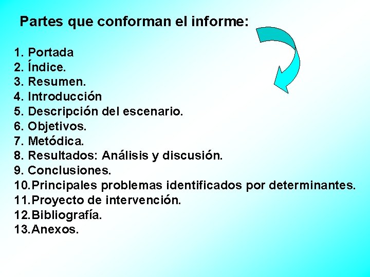 Partes que conforman el informe: 1. Portada 2. Índice. 3. Resumen. 4. Introducción 5.