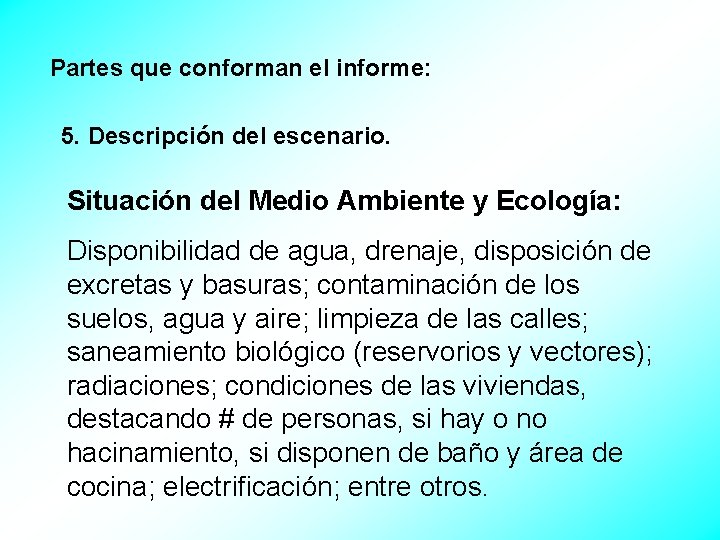 Partes que conforman el informe: 5. Descripción del escenario. Situación del Medio Ambiente y